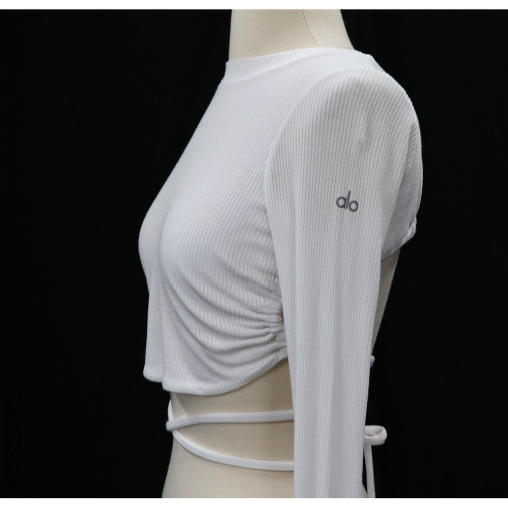 Alo Yoga Long Sleeve Tie-Waist Crop Top Women XS White Ribbed Open Back Manifest